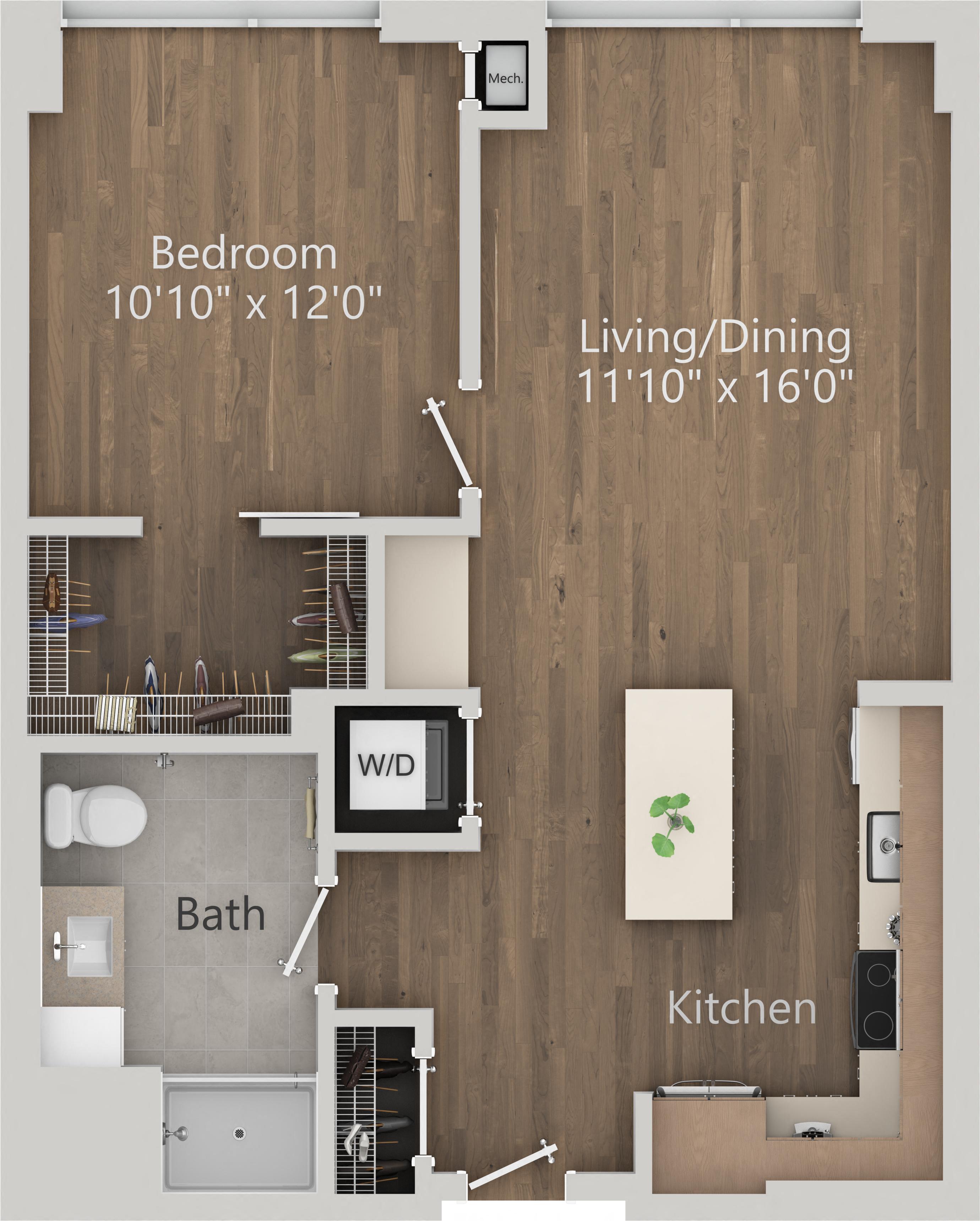 Floor plan for 1 bed, 1 bath, 709 sqft